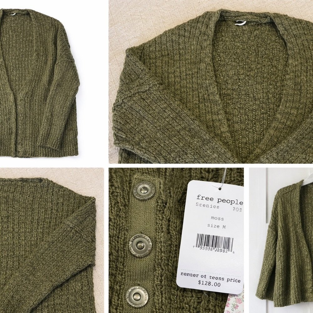 Free People Moss Green Chunky Knit Cardigan Size M NWT